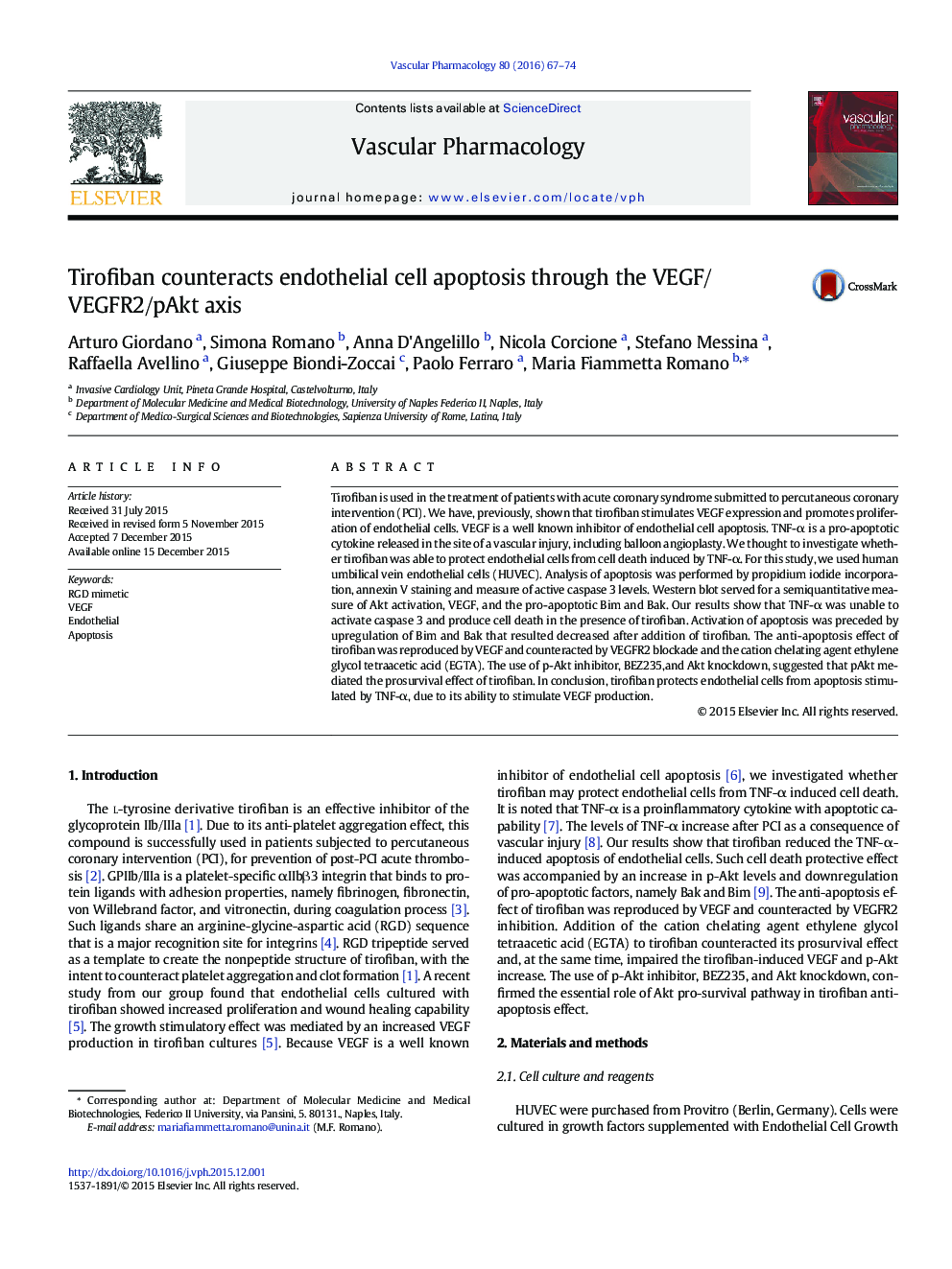 Tirofiban counteracts endothelial cell apoptosis through the VEGF/VEGFR2/pAkt axis