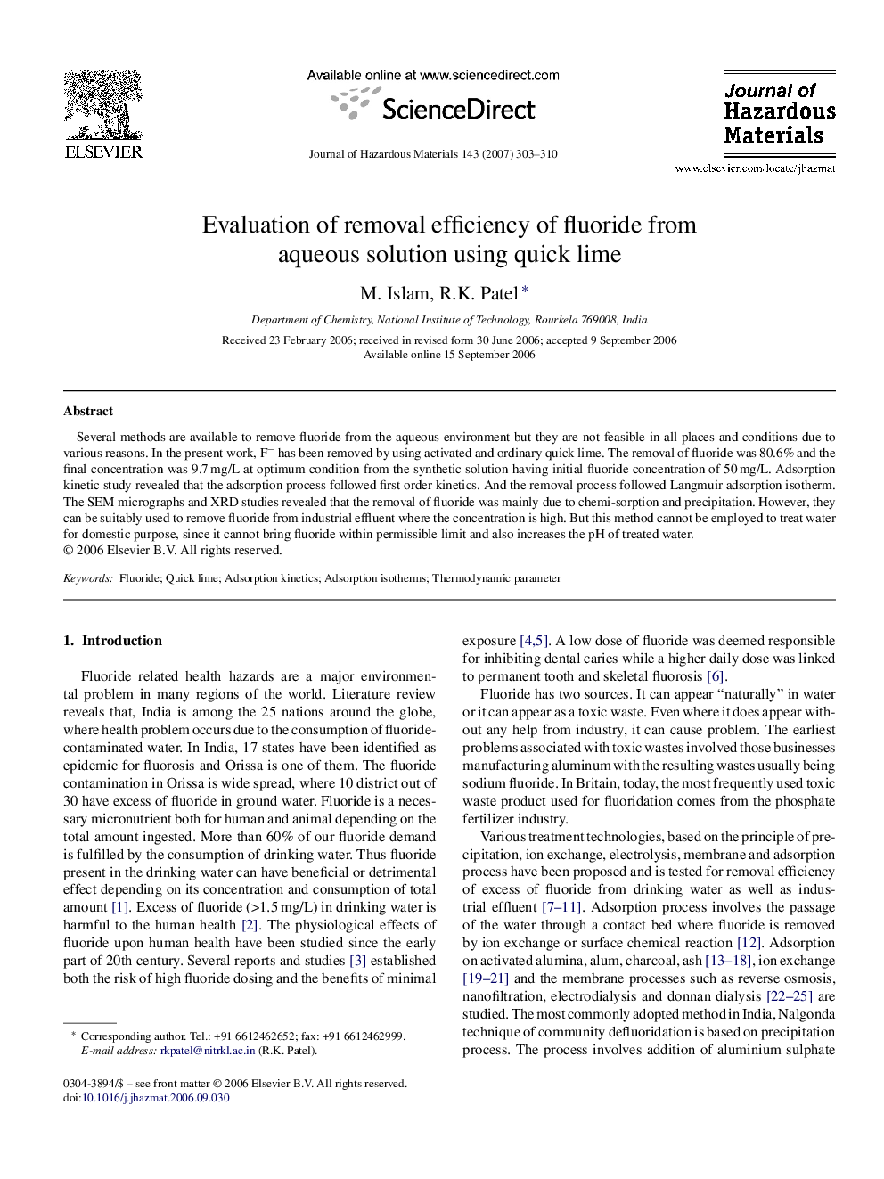 عکس صفحه اول مقاله: Evaluation of removal efficiency of fluoride from aqueous solution using quick lime Evaluation of removal efficiency of fluoride from aqueous solution using quick lime