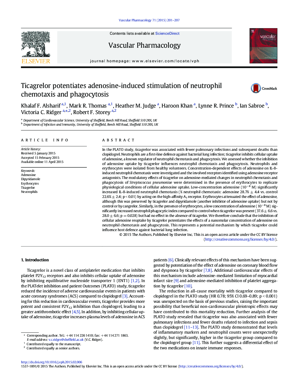 Ticagrelor potentiates adenosine-induced stimulation of neutrophil chemotaxis and phagocytosis