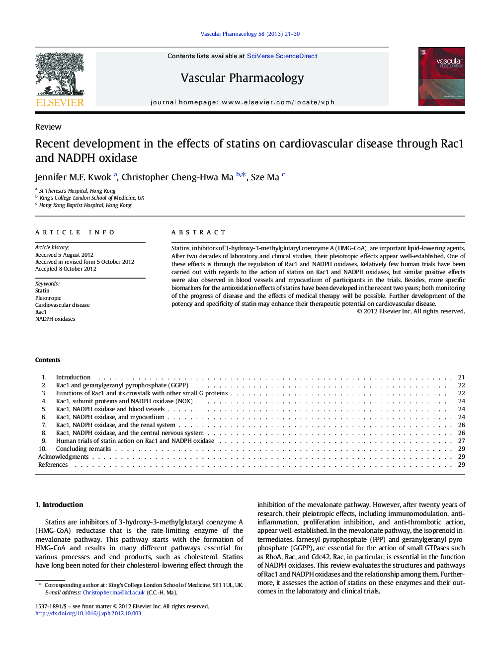 ReviewRecent development in the effects of statins on cardiovascular disease through Rac1 and NADPH oxidase