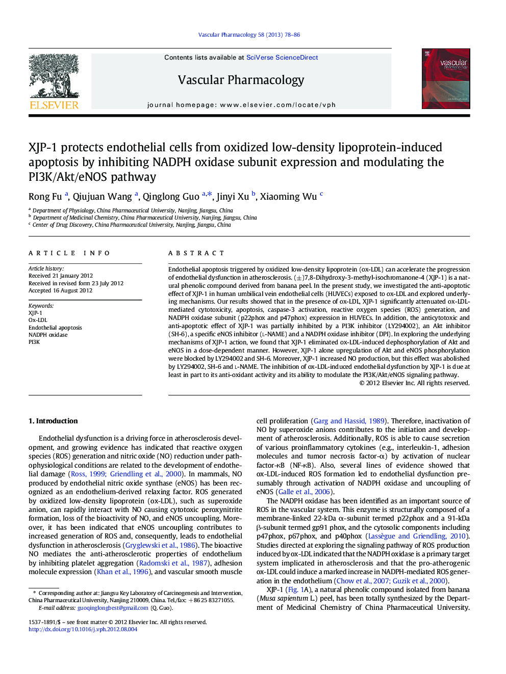 XJP-1 protects endothelial cells from oxidized low-density lipoprotein-induced apoptosis by inhibiting NADPH oxidase subunit expression and modulating the PI3K/Akt/eNOS pathway