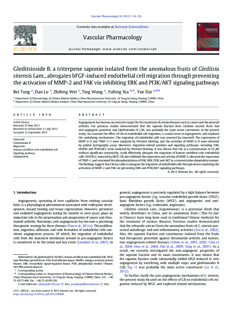 Gleditsioside B, a triterpene saponin isolated from the anomalous fruits of Gleditsia sinensis Lam., abrogates bFGF-induced endothelial cell migration through preventing the activation of MMP-2 and FAK via inhibiting ERK and PI3K/AKT signaling pathways
