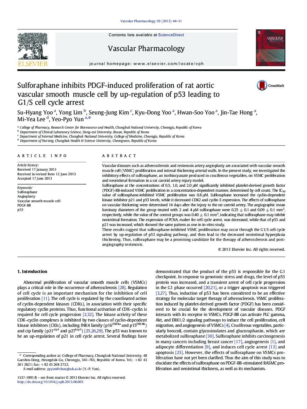 Sulforaphane inhibits PDGF-induced proliferation of rat aortic vascular smooth muscle cell by up-regulation of p53 leading to G1/S cell cycle arrest