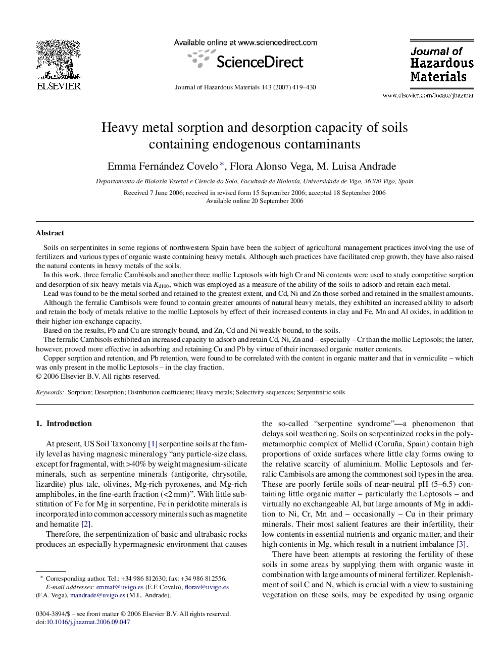 Heavy metal sorption and desorption capacity of soils containing endogenous contaminants