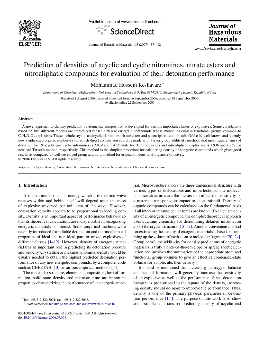 Prediction of densities of acyclic and cyclic nitramines, nitrate esters and nitroaliphatic compounds for evaluation of their detonation performance