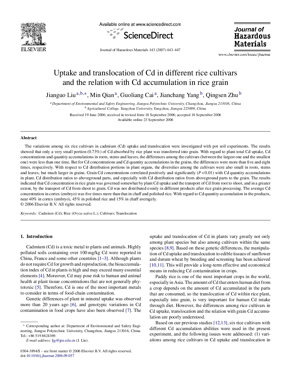 عکس صفحه اول مقاله: Uptake and translocation of Cd in different rice cultivars and the relation with Cd accumulation in rice grain Uptake and translocation of Cd in different rice cultivars and the relation with Cd accumulation in rice grain
