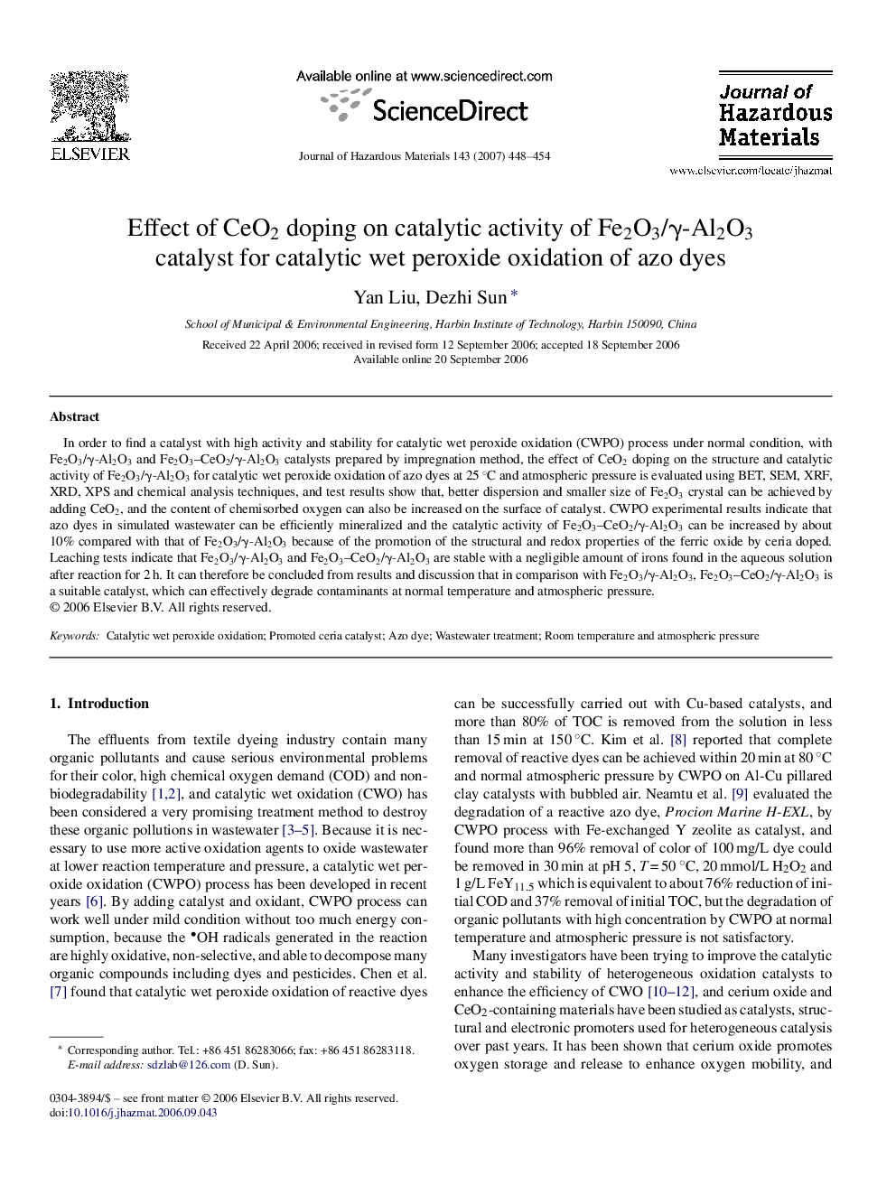عکس صفحه اول مقاله: Effect of CeO2 doping on catalytic activity of Fe2O3/γ-Al2O3 catalyst for catalytic wet peroxide oxidation of azo dyes Effect of CeO2 doping on catalytic activity of Fe2O3/γ-Al2O3 catalyst for catalytic wet peroxide oxidation of azo dyes