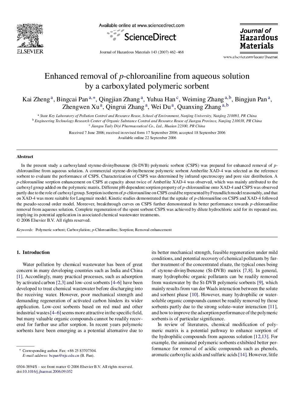 Enhanced removal of p-chloroaniline from aqueous solution by a carboxylated polymeric sorbent