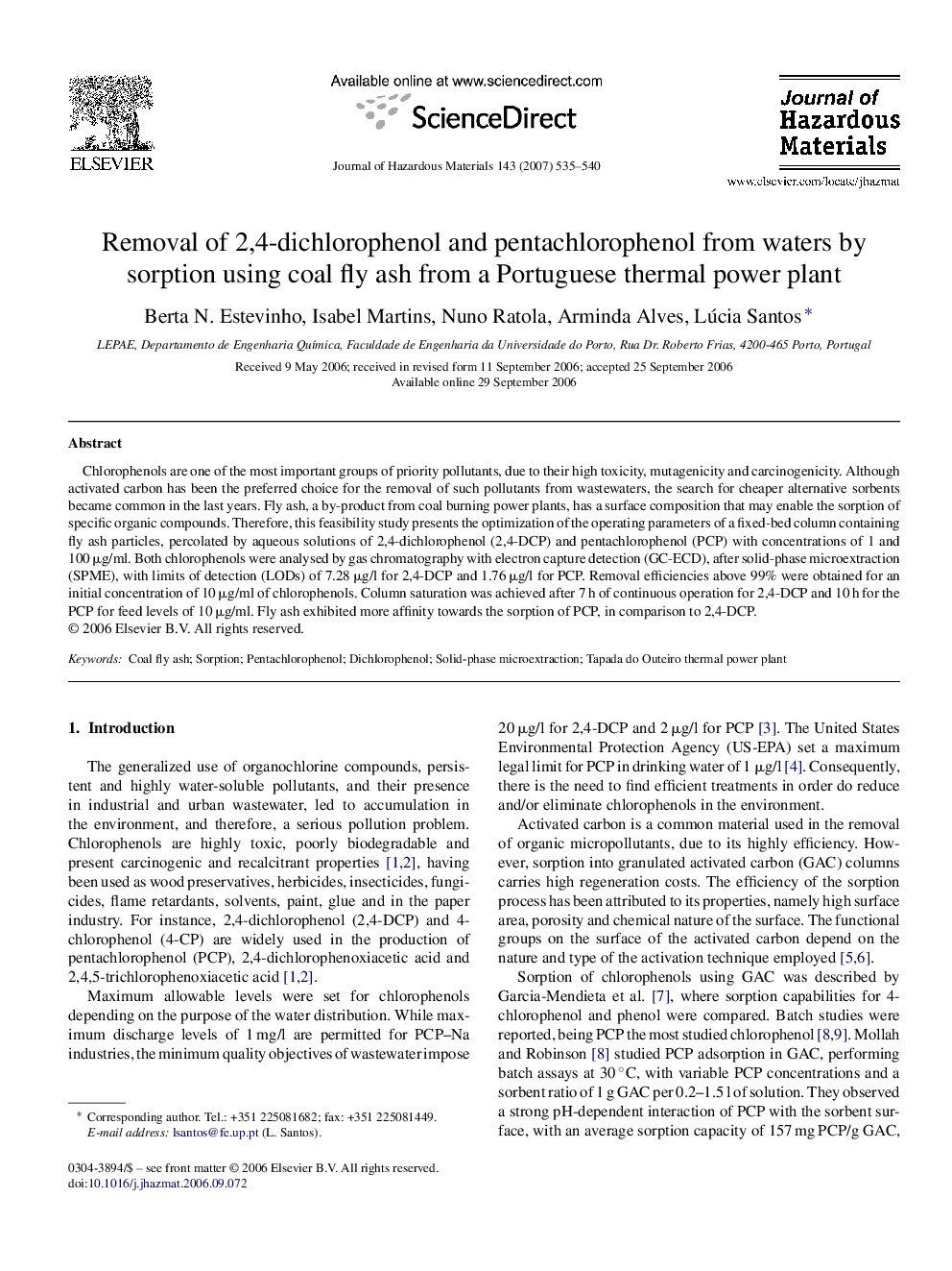 Removal of 2,4-dichlorophenol and pentachlorophenol from waters by sorption using coal fly ash from a Portuguese thermal power plant