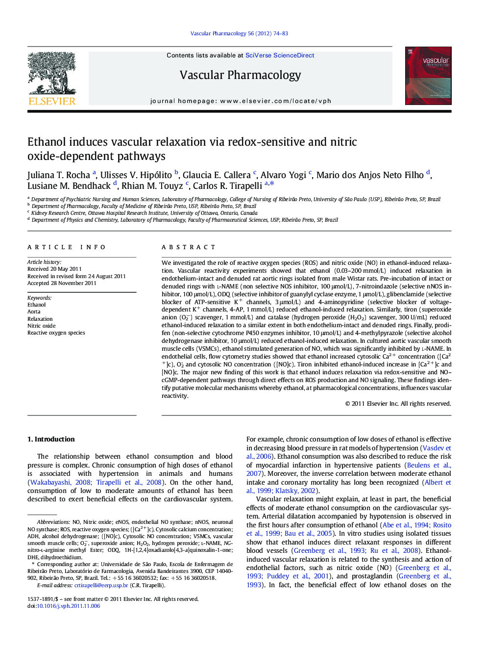 Ethanol induces vascular relaxation via redox-sensitive and nitric oxide-dependent pathways