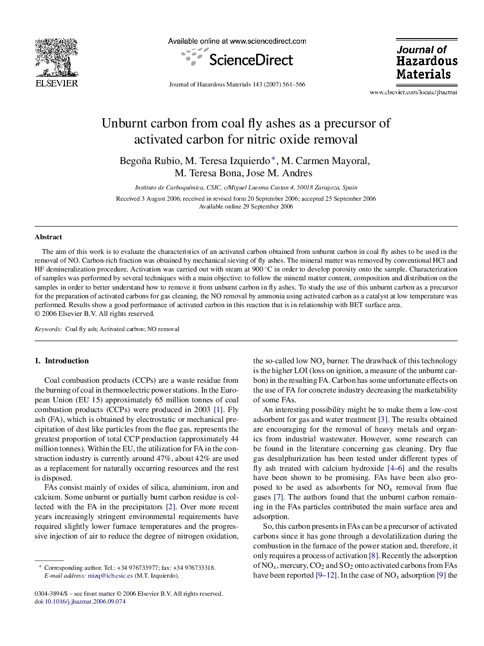 Unburnt carbon from coal fly ashes as a precursor of activated carbon for nitric oxide removal