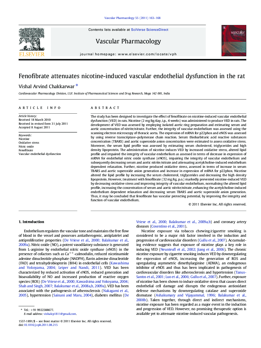 Fenofibrate attenuates nicotine-induced vascular endothelial dysfunction in the rat