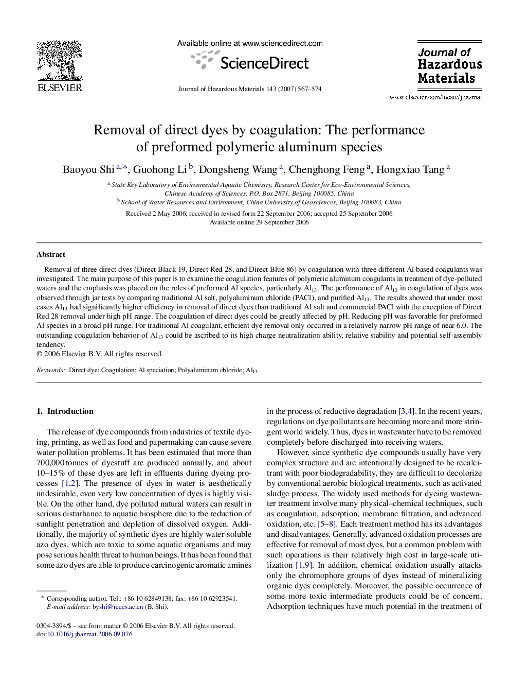 عکس صفحه اول مقاله: Removal of direct dyes by coagulation: The performance of preformed polymeric aluminum species Removal of direct dyes by coagulation: The performance of preformed polymeric aluminum species