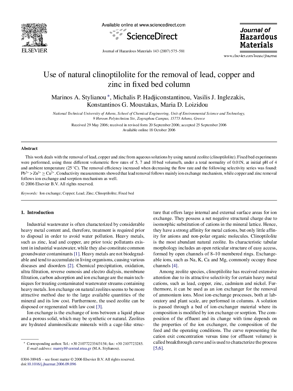 Use of natural clinoptilolite for the removal of lead, copper and zinc in fixed bed column