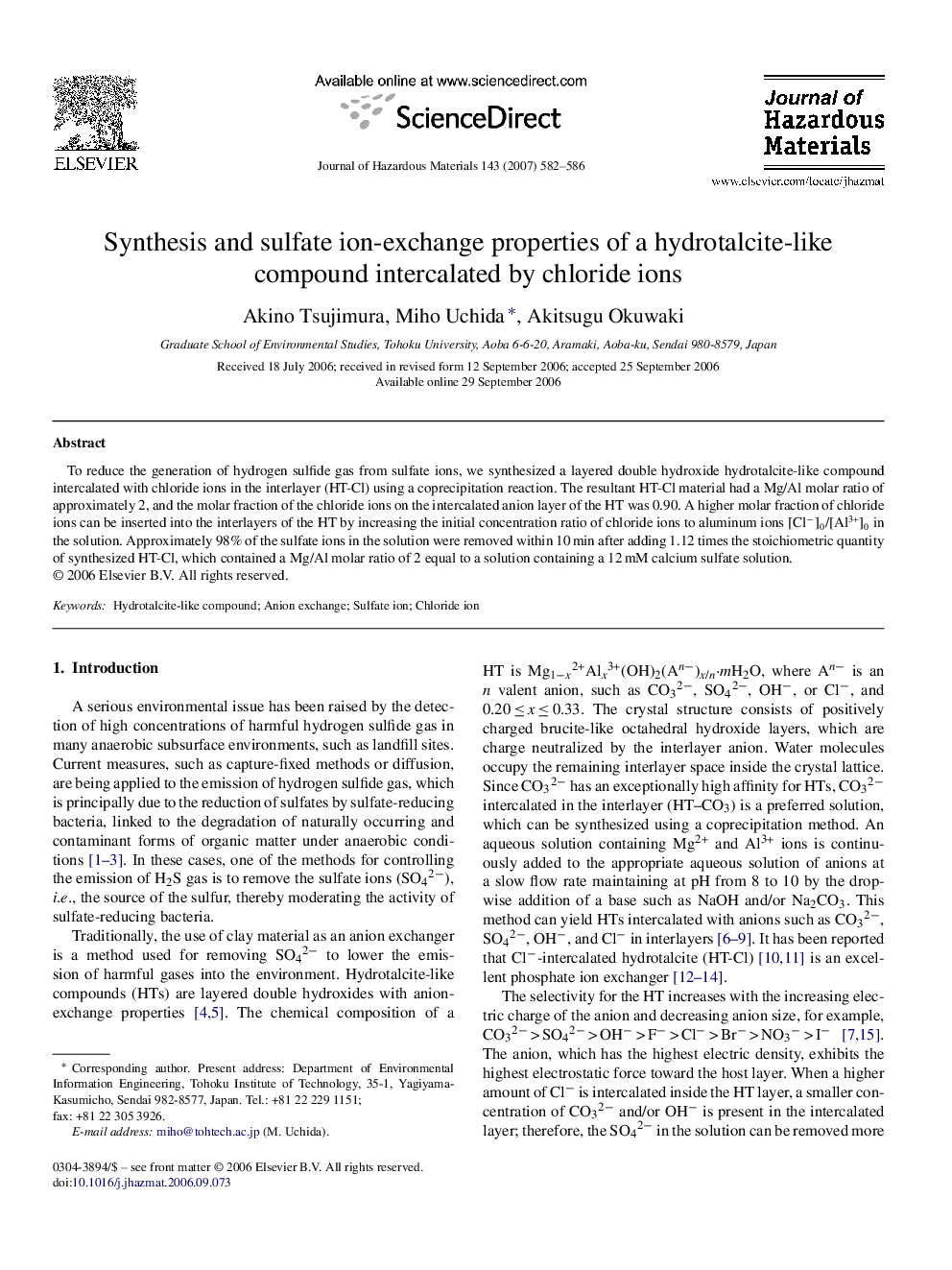 Synthesis and sulfate ion-exchange properties of a hydrotalcite-like compound intercalated by chloride ions