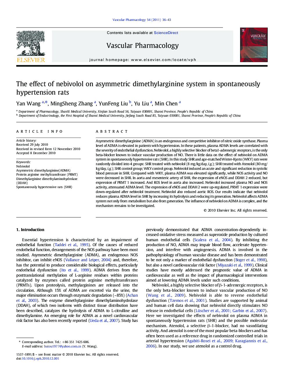 The effect of nebivolol on asymmetric dimethylarginine system in spontaneously hypertension rats