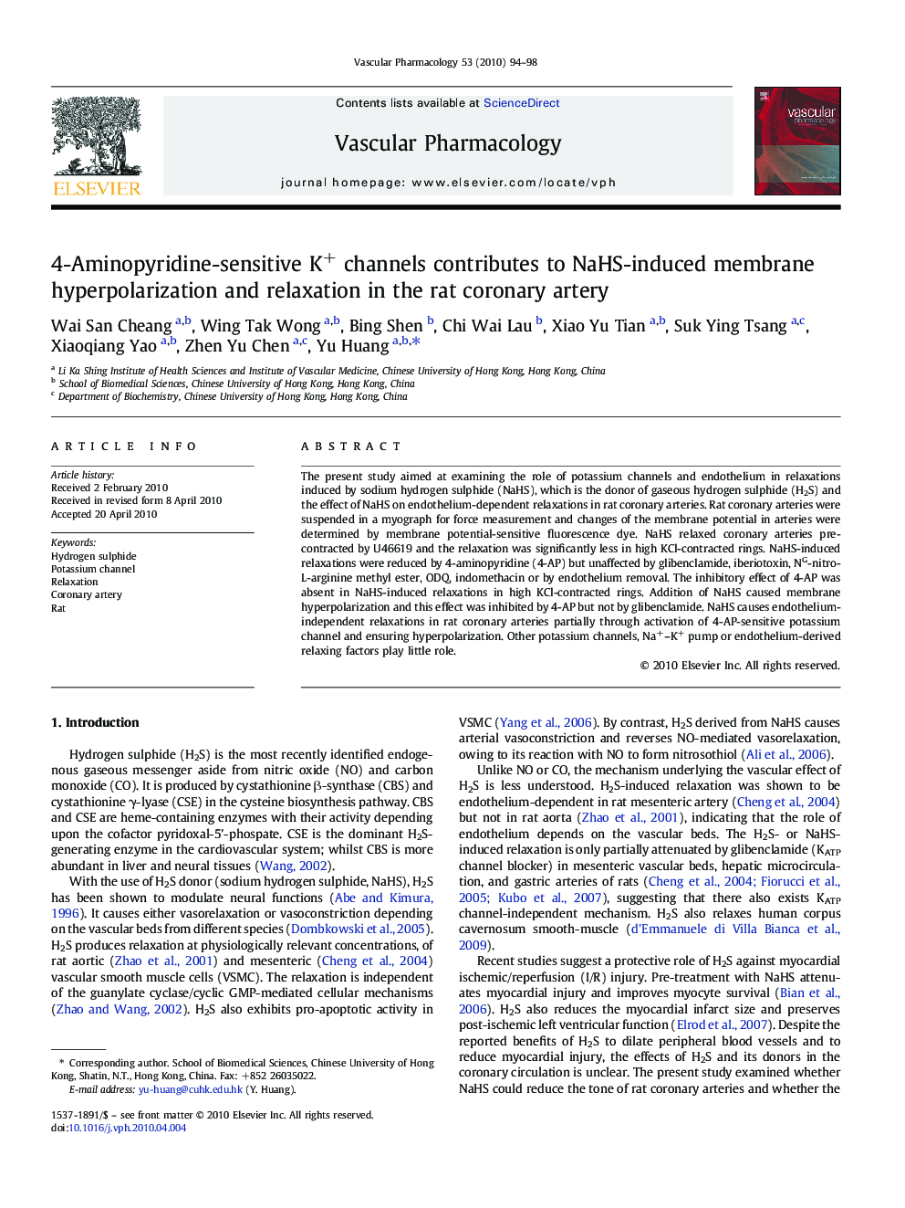 4-Aminopyridine-sensitive K+ channels contributes to NaHS-induced membrane hyperpolarization and relaxation in the rat coronary artery