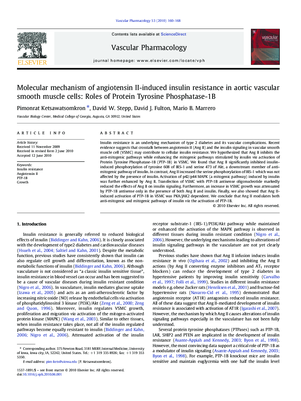 Molecular mechanism of angiotensin II-induced insulin resistance in aortic vascular smooth muscle cells: Roles of Protein Tyrosine Phosphatase-1B