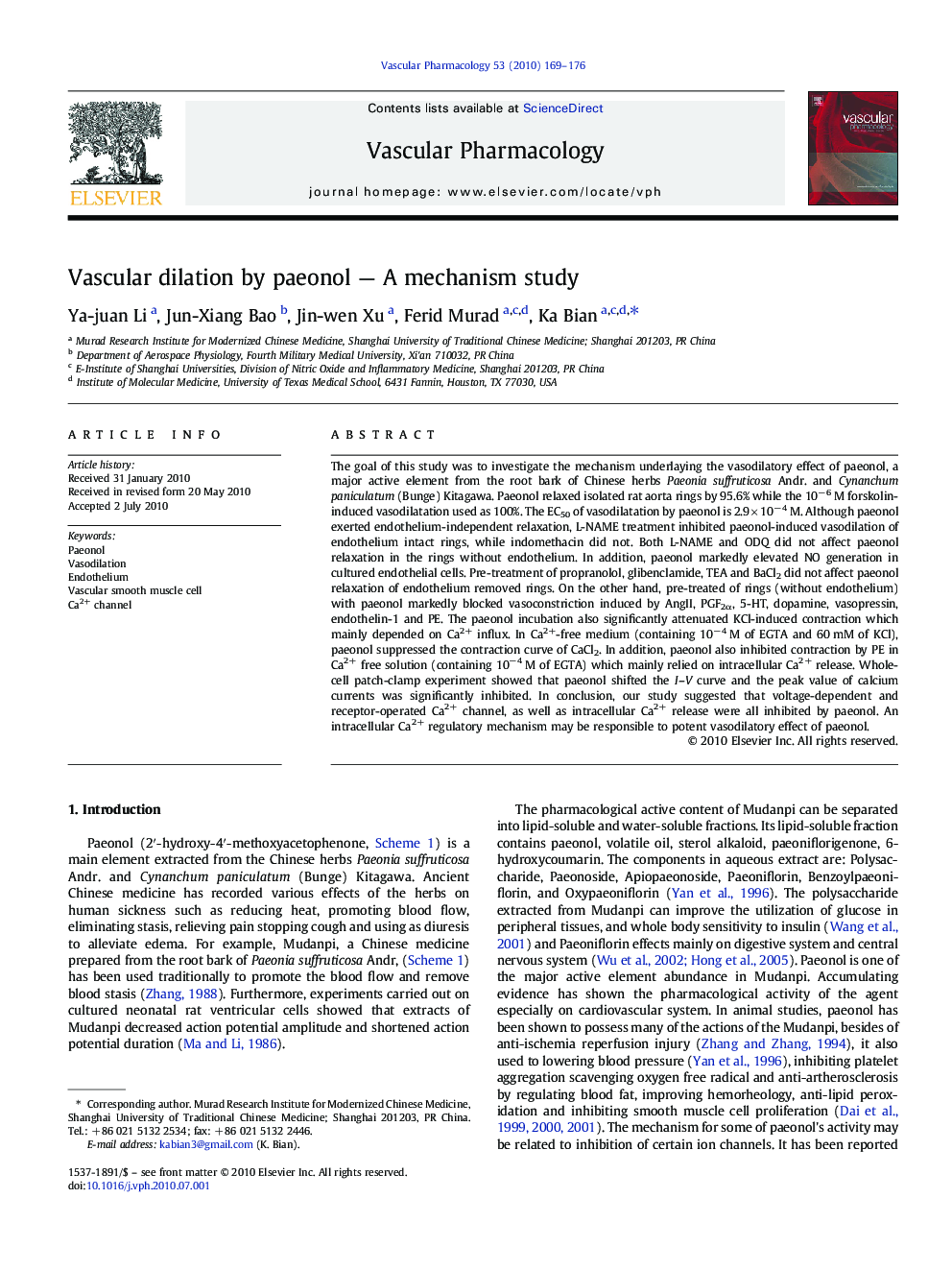 Vascular dilation by paeonol - A mechanism study