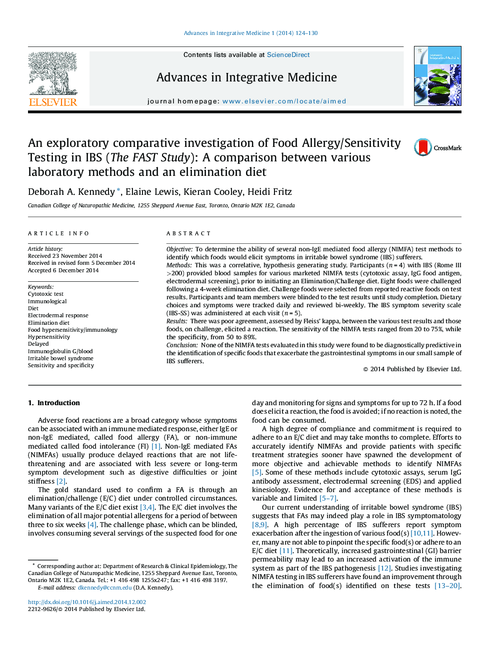 An exploratory comparative investigation of Food Allergy/Sensitivity Testing in IBS (The FAST Study): A comparison between various laboratory methods and an elimination diet