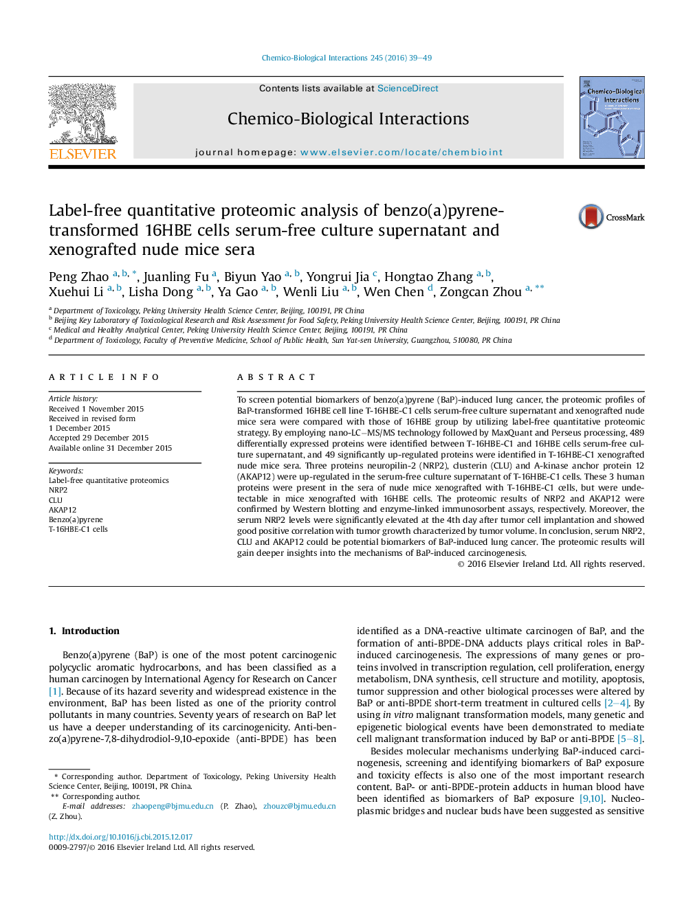 Label-free quantitative proteomic analysis of benzo(a)pyrene-transformed 16HBE cells serum-free culture supernatant and xenografted nude mice sera