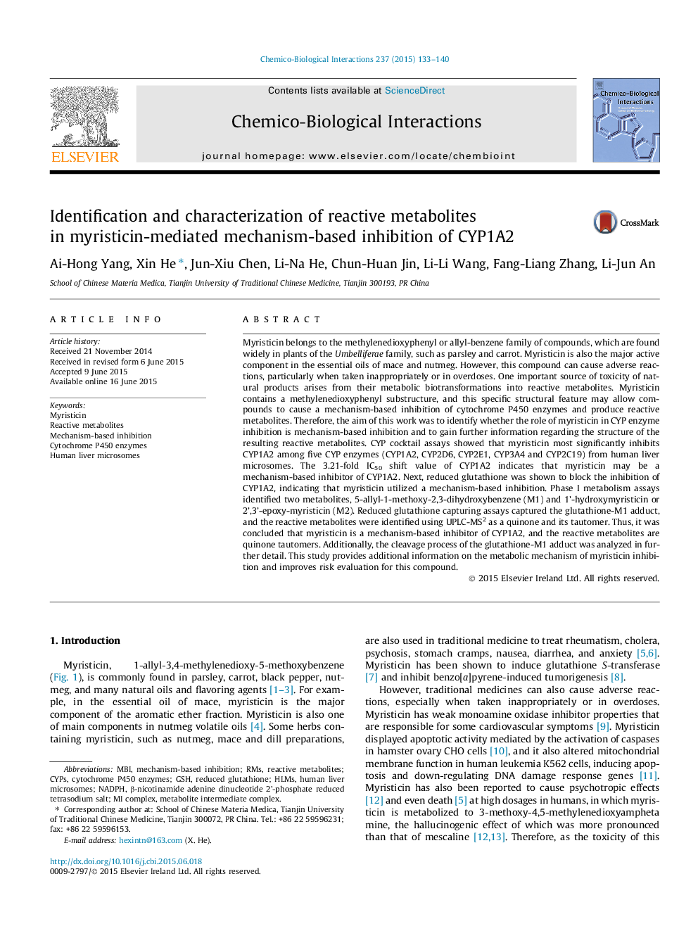 Identification and characterization of reactive metabolites in myristicin-mediated mechanism-based inhibition of CYP1A2