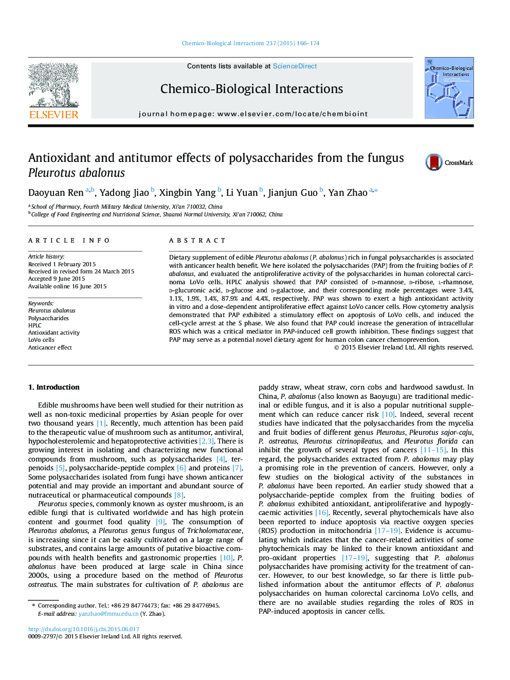 Antioxidant and antitumor effects of polysaccharides from the fungus Pleurotus abalonus