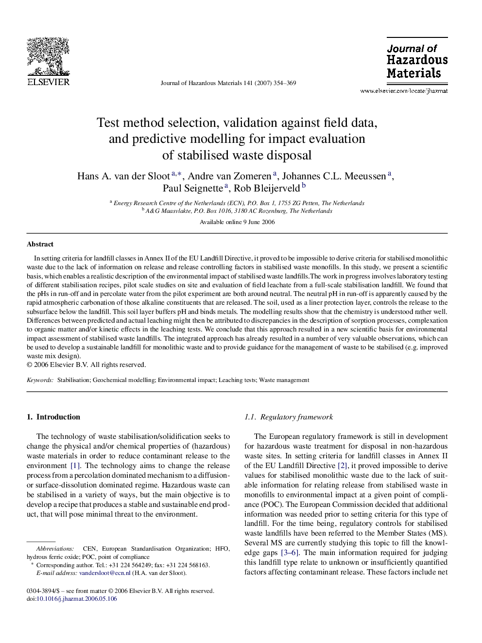 Test method selection, validation against field data, and predictive modelling for impact evaluation of stabilised waste disposal