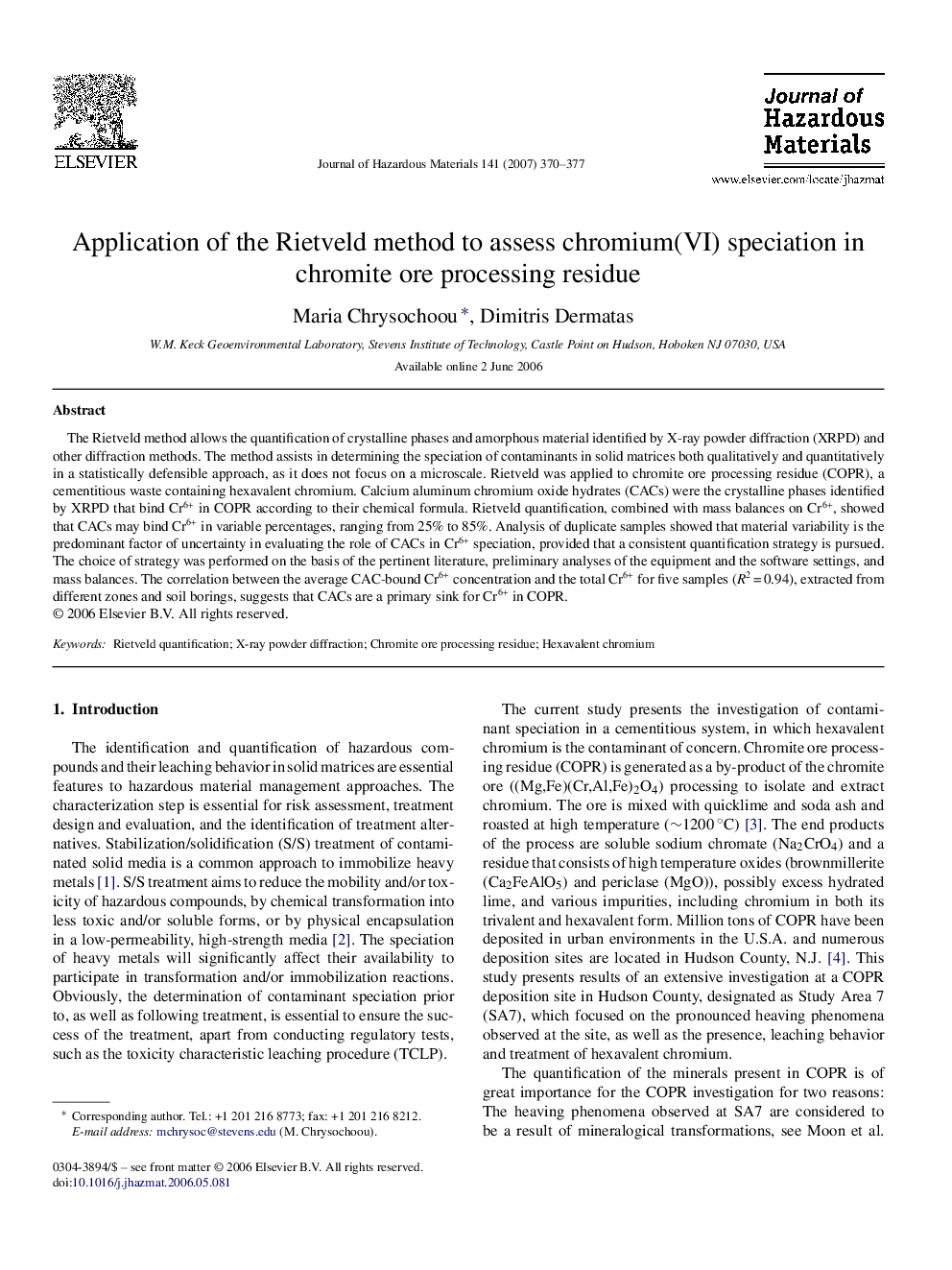 Application of the Rietveld method to assess chromium(VI) speciation in chromite ore processing residue