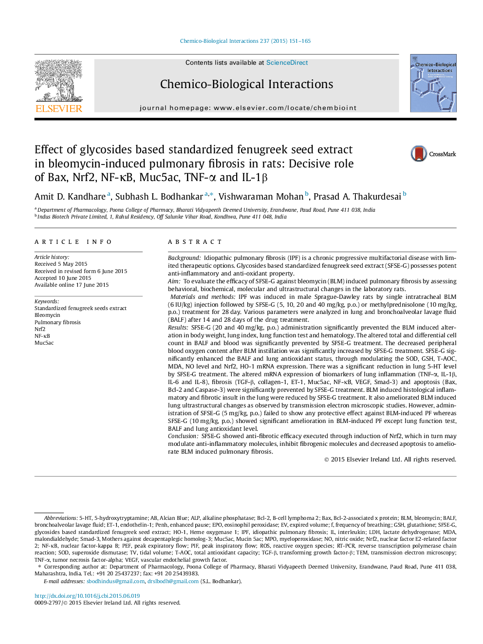 Effect of glycosides based standardized fenugreek seed extract in bleomycin-induced pulmonary fibrosis in rats: Decisive role of Bax, Nrf2, NF-ÎºB, Muc5ac, TNF-Î± and IL-1Î²