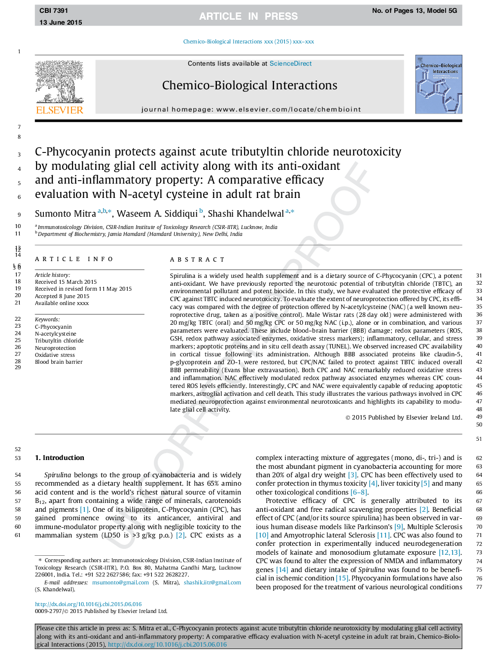 C-Phycocyanin protects against acute tributyltin chloride neurotoxicity by modulating glial cell activity along with its anti-oxidant and anti-inflammatory property: A comparative efficacy evaluation with N-acetyl cysteine in adult rat brain