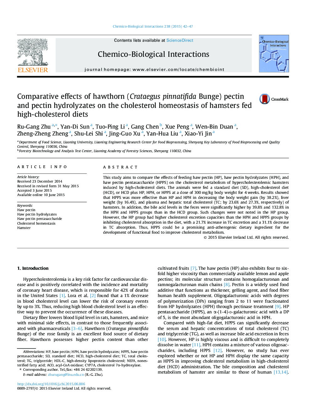 Comparative effects of hawthorn (Crataegus pinnatifida Bunge) pectin and pectin hydrolyzates on the cholesterol homeostasis of hamsters fed high-cholesterol diets