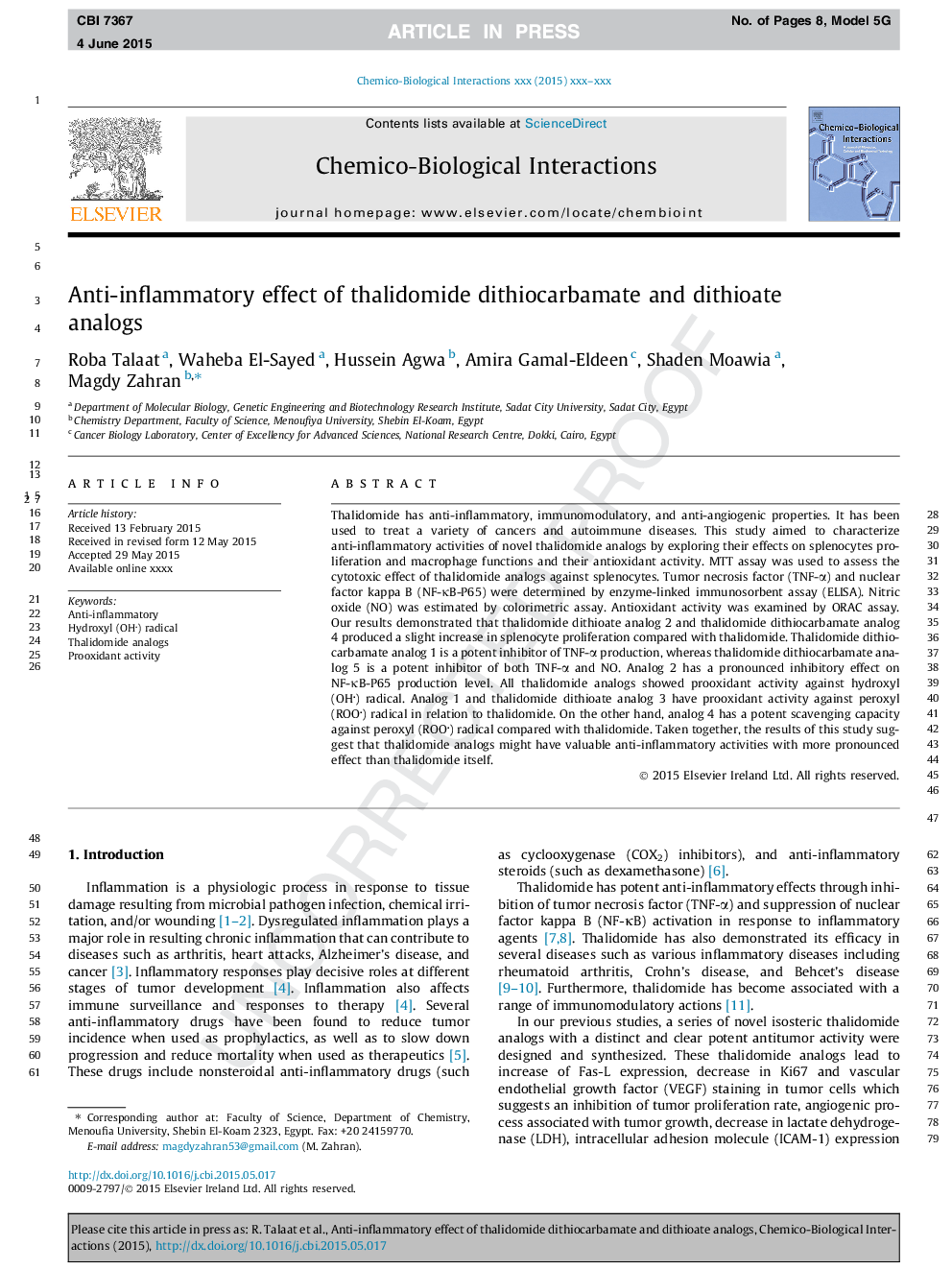 Anti-inflammatory effect of thalidomide dithiocarbamate and dithioate analogs