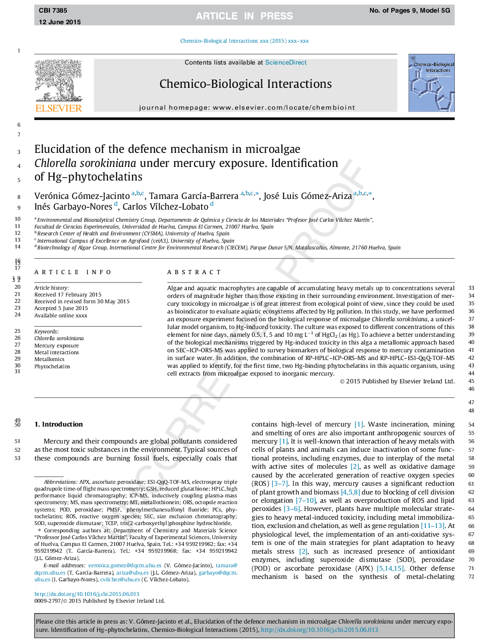 Elucidation of the defence mechanism in microalgae Chlorella sorokiniana under mercury exposure. Identification of Hg-phytochelatins
