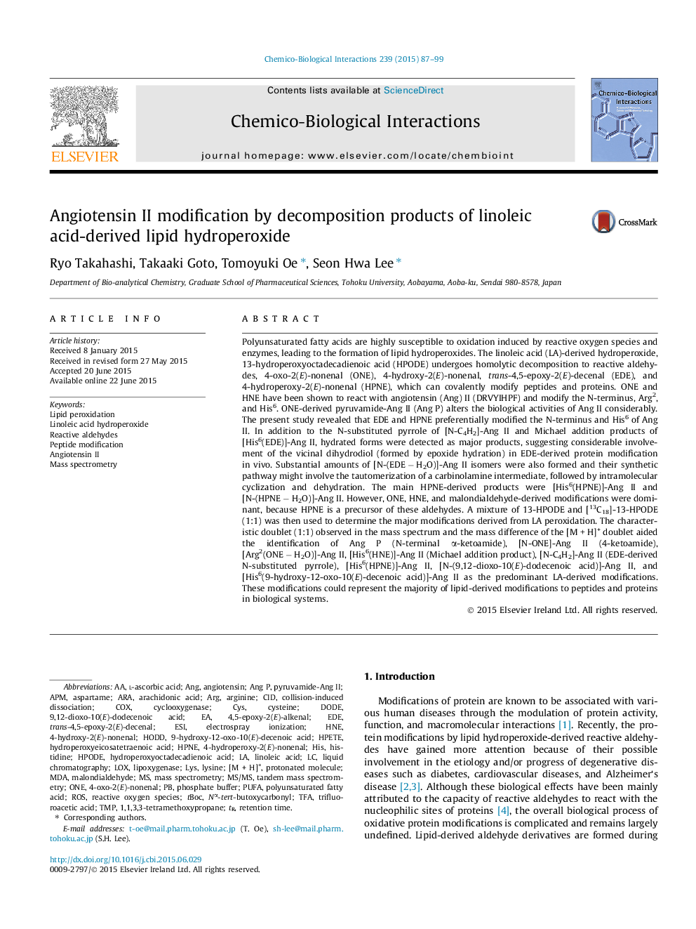 Angiotensin II modification by decomposition products of linoleic acid-derived lipid hydroperoxide