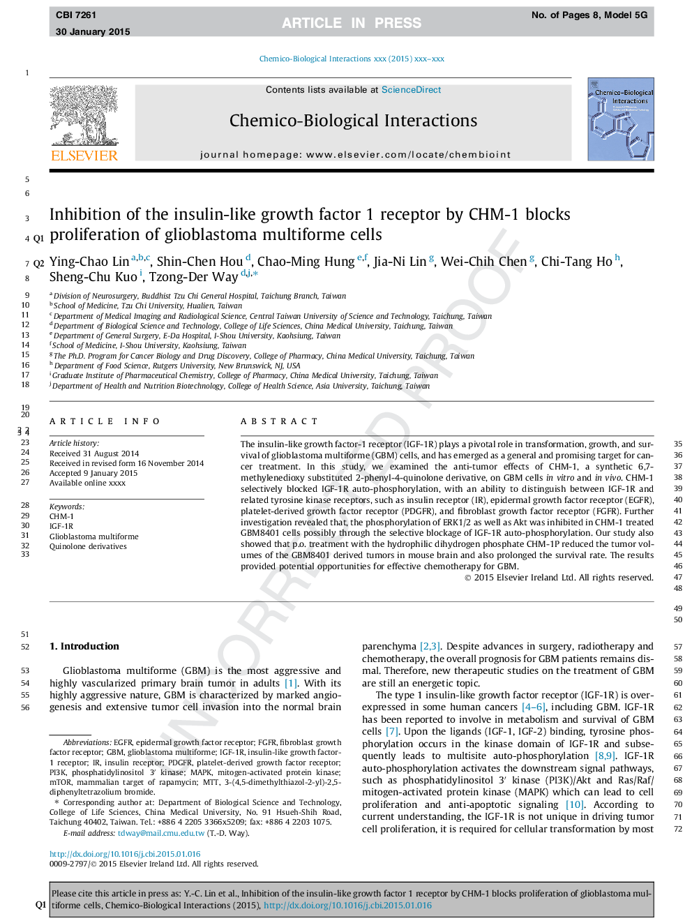 Inhibition of the insulin-like growth factor 1 receptor by CHM-1 blocks proliferation of glioblastoma multiforme cells