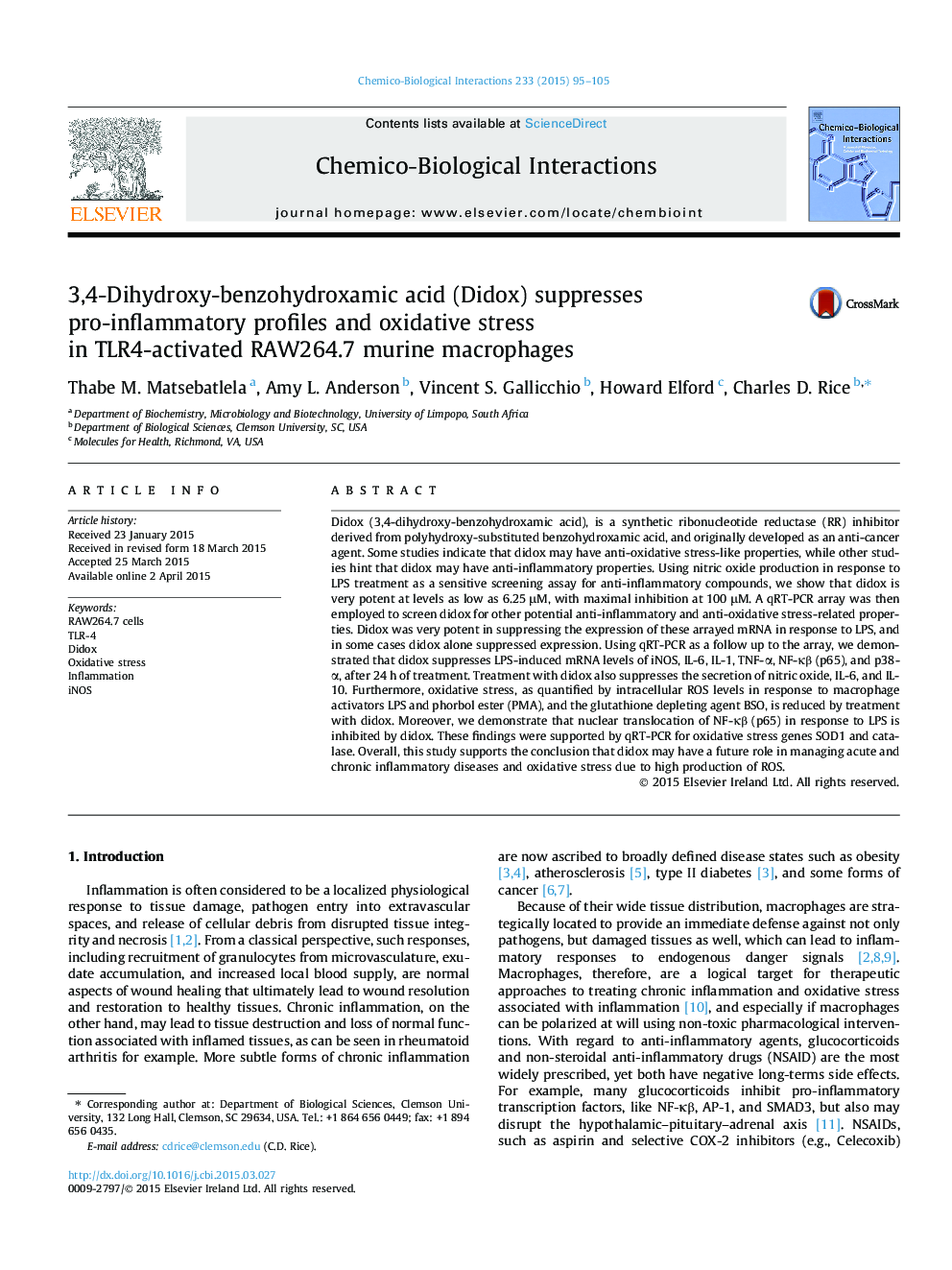 3,4-Dihydroxy-benzohydroxamic acid (Didox) suppresses pro-inflammatory profiles and oxidative stress in TLR4-activated RAW264.7 murine macrophages