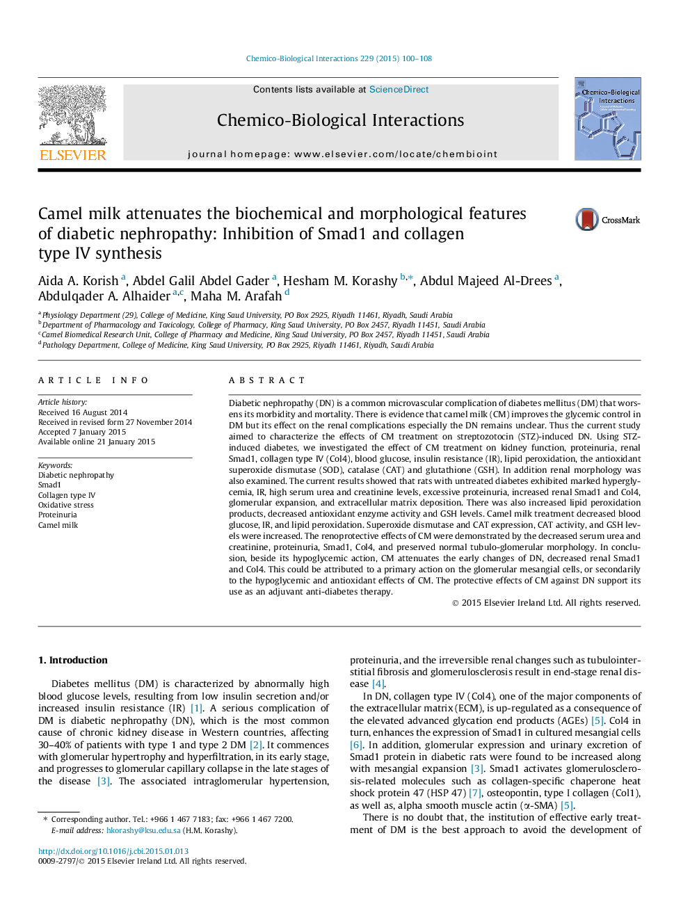 Camel milk attenuates the biochemical and morphological features of diabetic nephropathy: Inhibition of Smad1 and collagen type IV synthesis