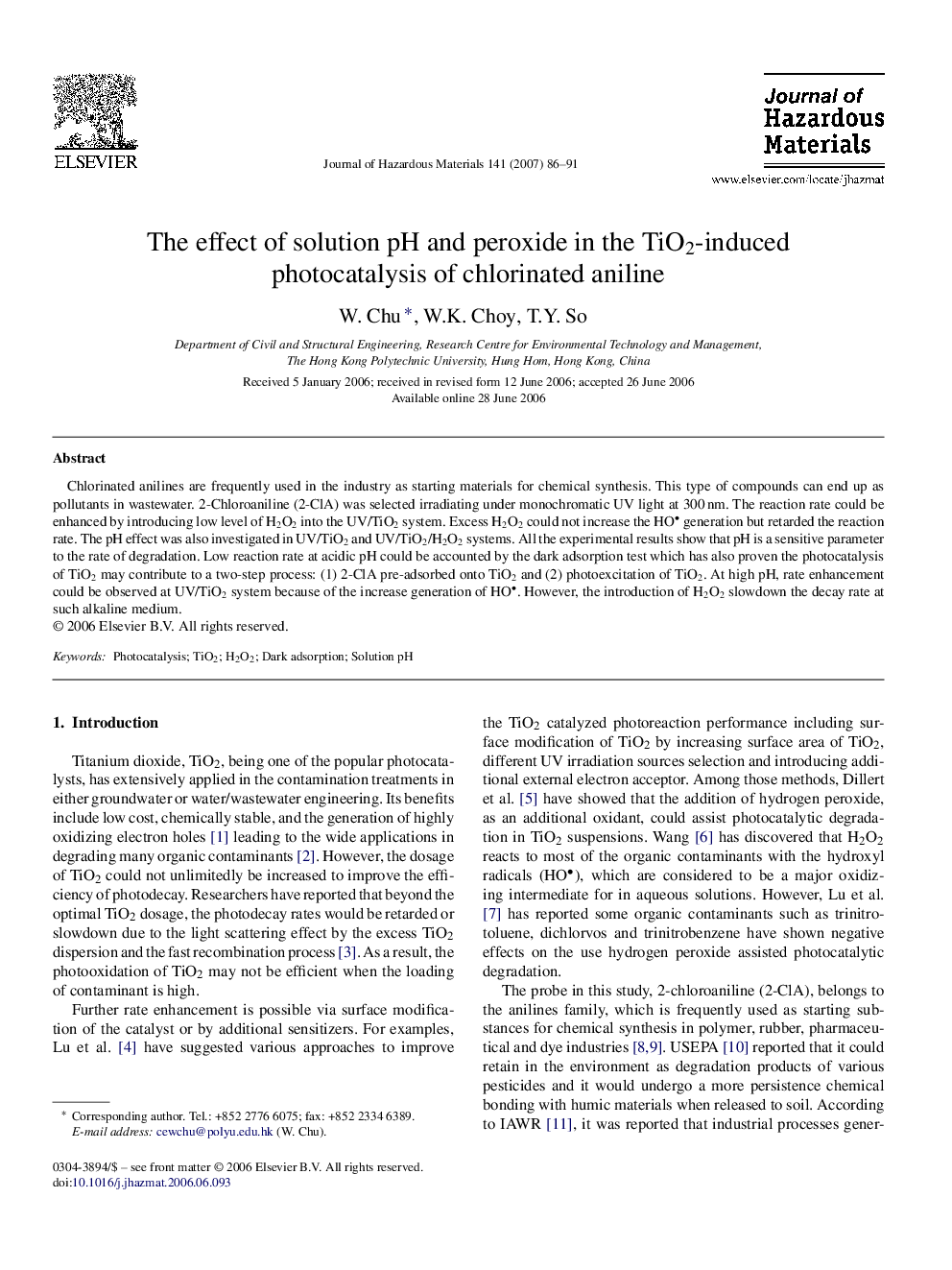 The effect of solution pH and peroxide in the TiO2-induced photocatalysis of chlorinated aniline