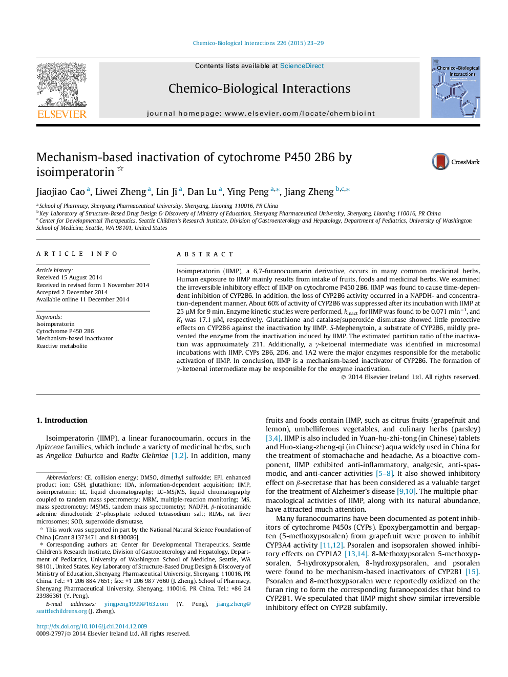 Mechanism-based inactivation of cytochrome P450 2B6 by isoimperatorin