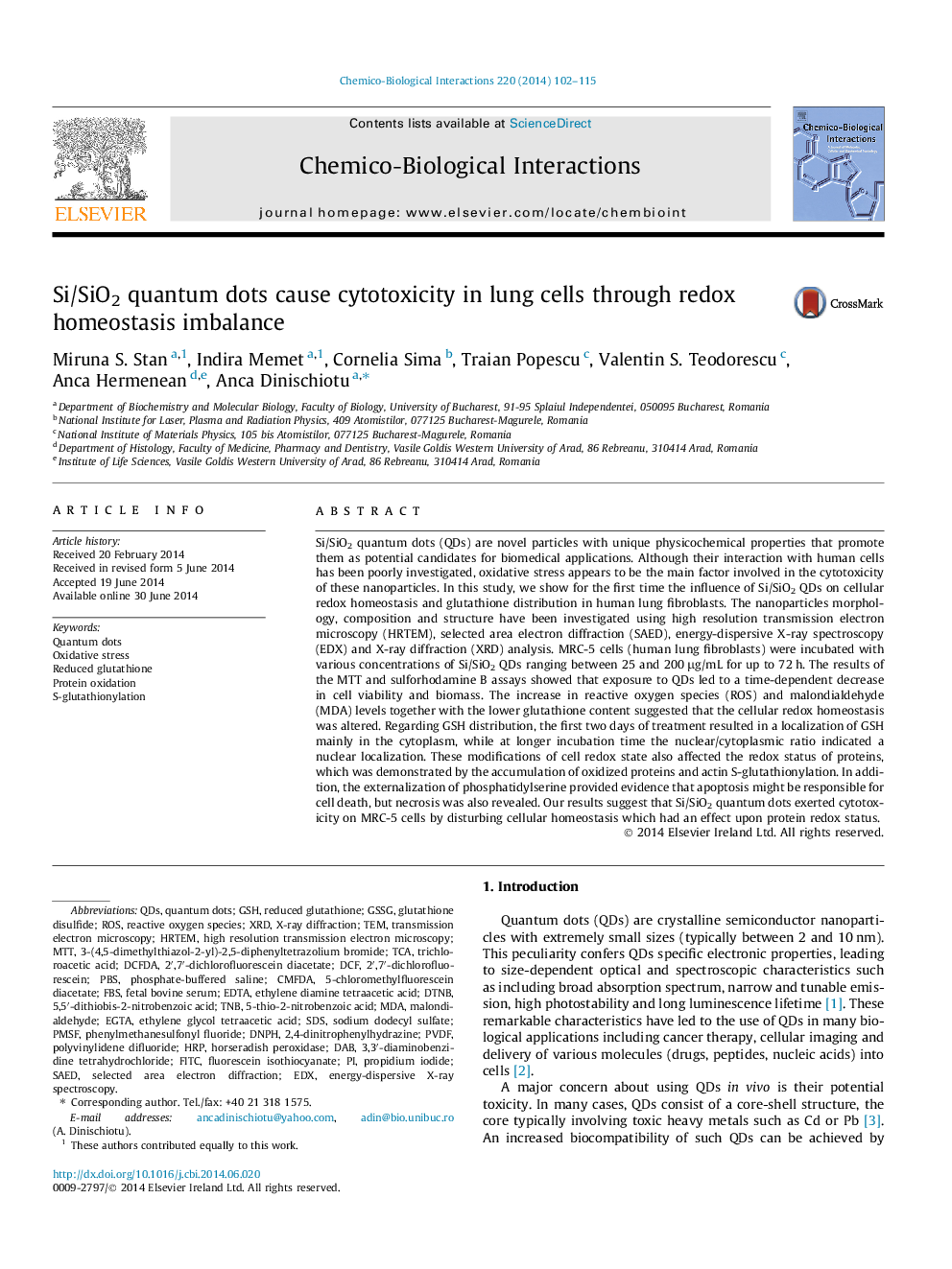 Si/SiO2 quantum dots cause cytotoxicity in lung cells through redox homeostasis imbalance