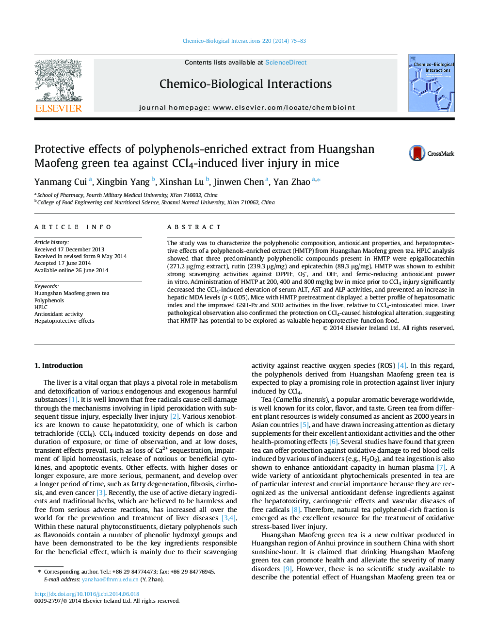 Protective effects of polyphenols-enriched extract from Huangshan Maofeng green tea against CCl4-induced liver injury in mice