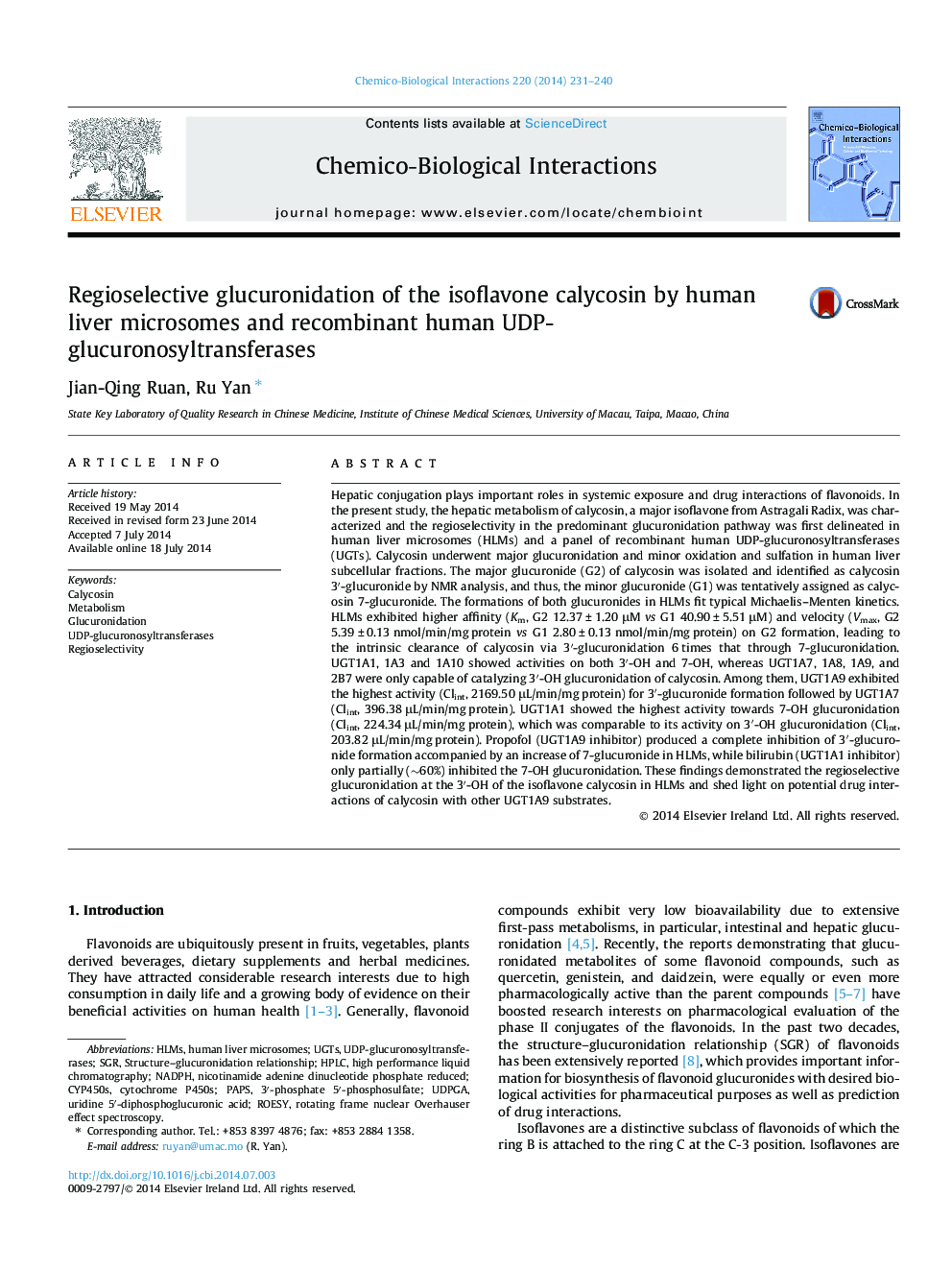 Regioselective glucuronidation of the isoflavone calycosin by human liver microsomes and recombinant human UDP-glucuronosyltransferases