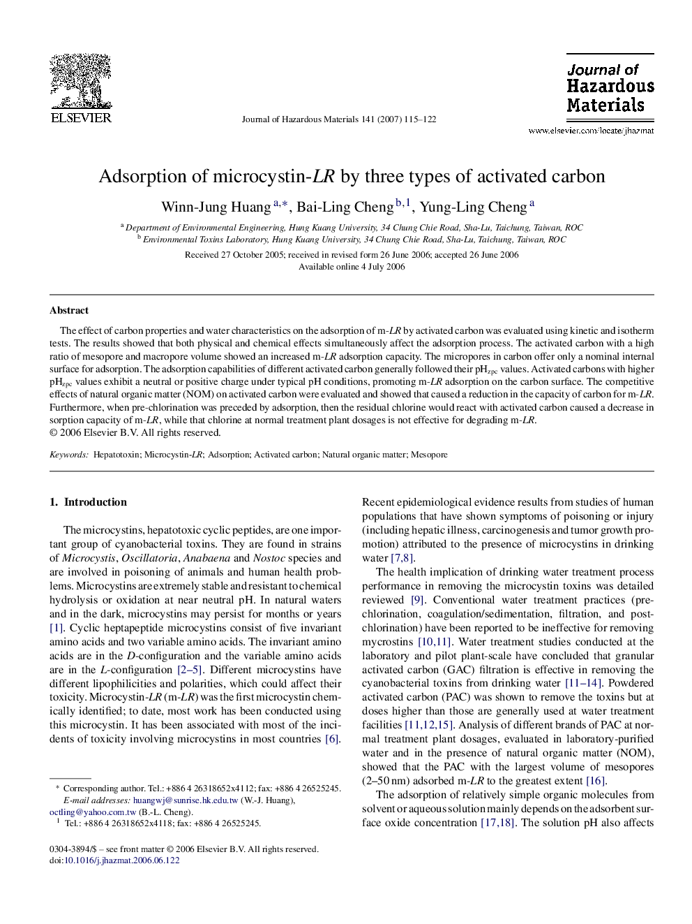 Adsorption of microcystin-LR by three types of activated carbon