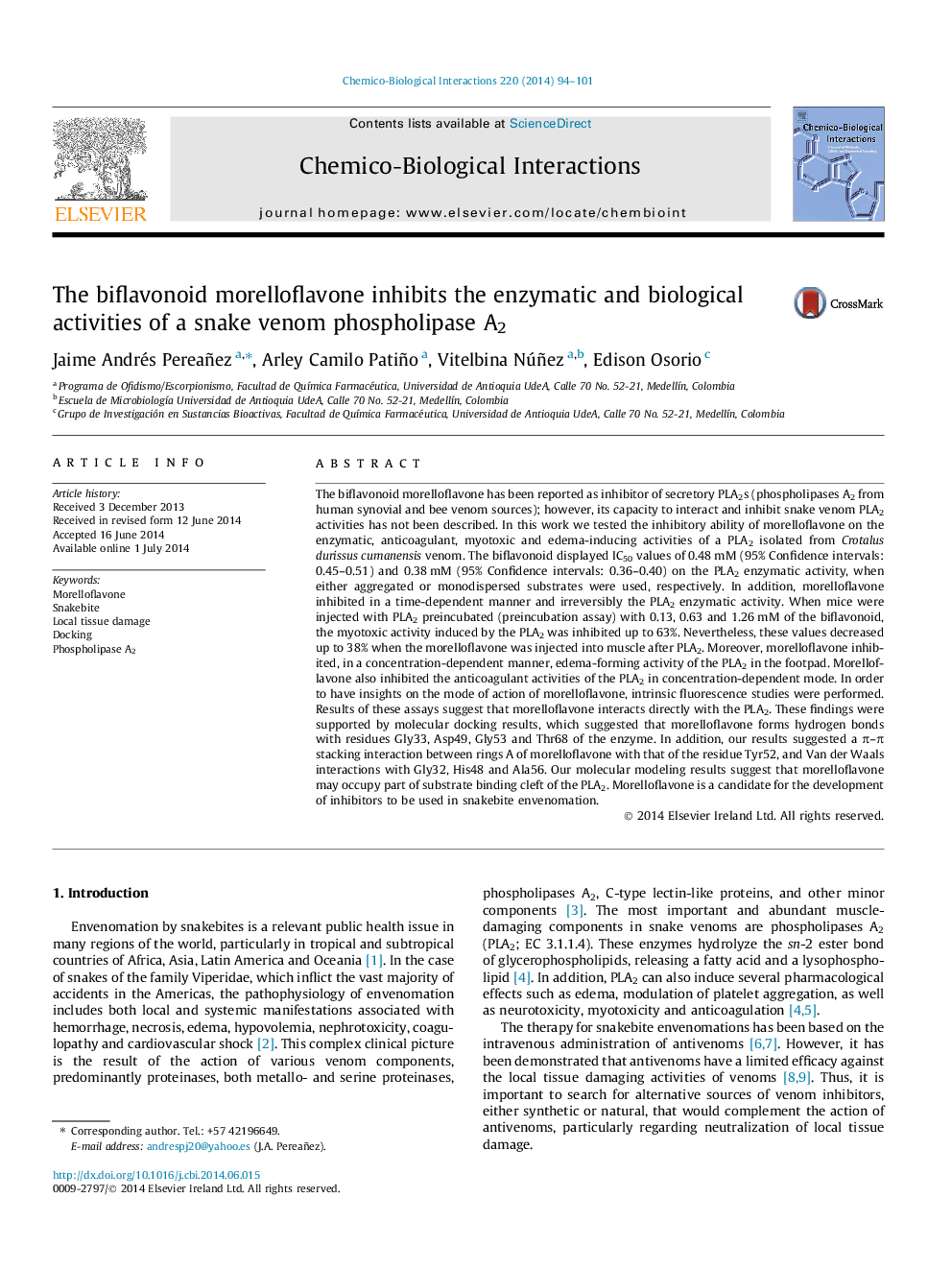 The biflavonoid morelloflavone inhibits the enzymatic and biological activities of a snake venom phospholipase A2