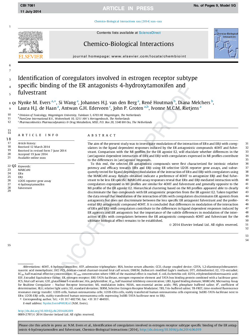 Identification of coregulators influenced by estrogen receptor subtype specific binding of the ER antagonists 4-hydroxytamoxifen and fulvestrant