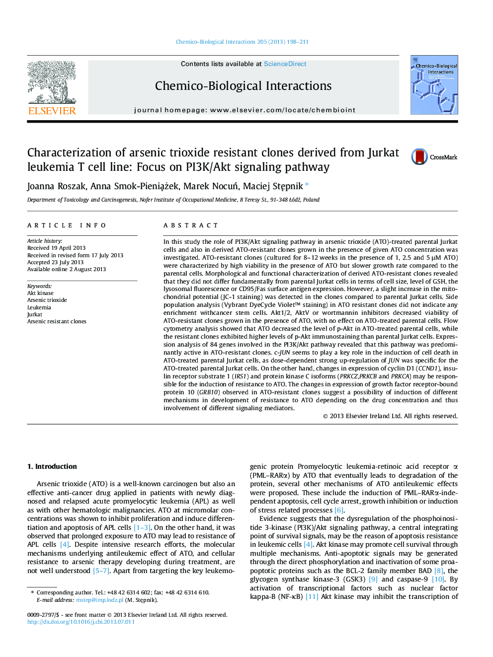 Characterization of arsenic trioxide resistant clones derived from Jurkat leukemia T cell line: Focus on PI3K/Akt signaling pathway