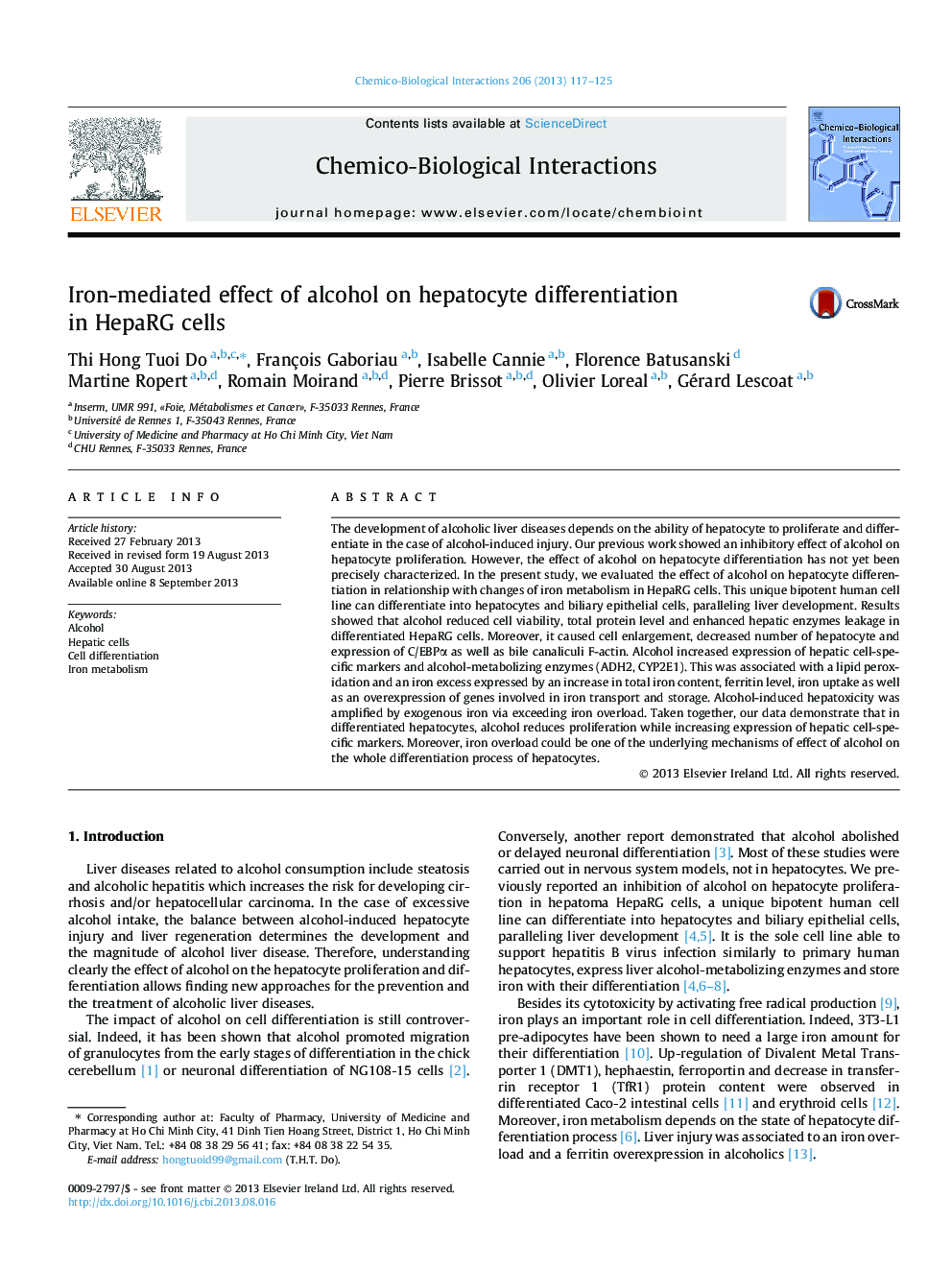 Iron-mediated effect of alcohol on hepatocyte differentiation in HepaRG cells