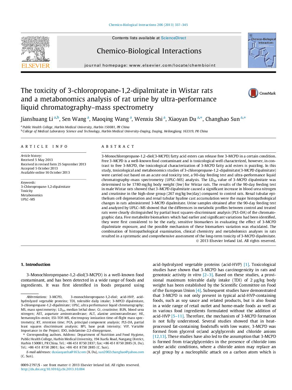 The toxicity of 3-chloropropane-1,2-dipalmitate in Wistar rats and a metabonomics analysis of rat urine by ultra-performance liquid chromatography-mass spectrometry