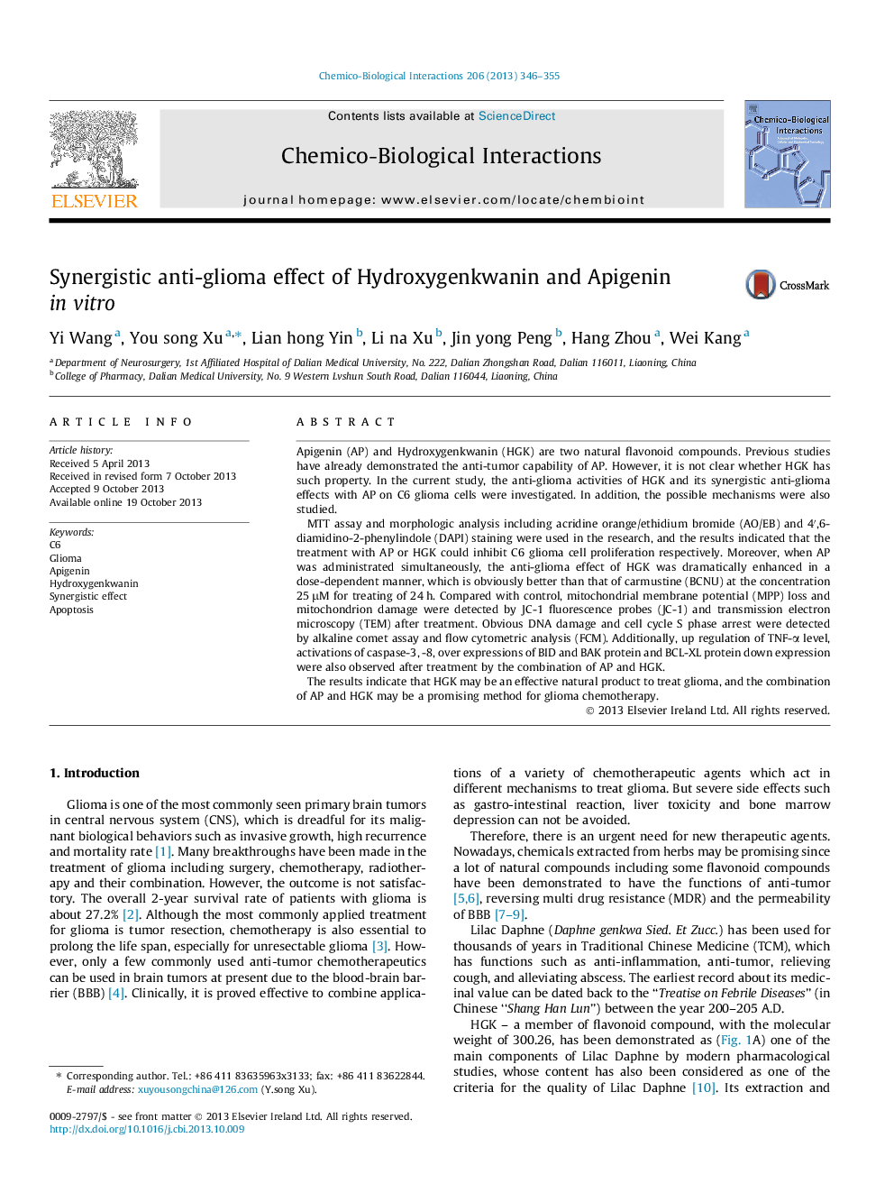 Synergistic anti-glioma effect of Hydroxygenkwanin and Apigenin in vitro